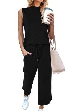 Women's Black Two Piece Sets Casual Travel Vacation Outfits Summer Wide Leg